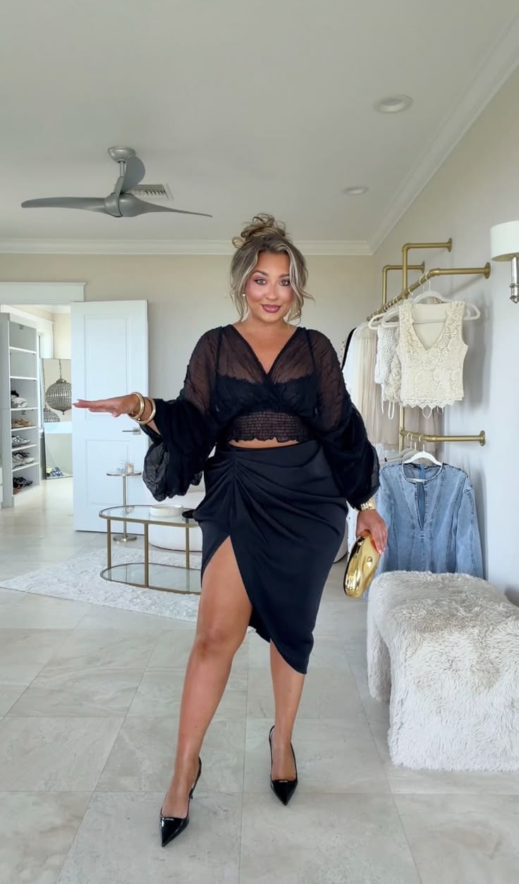 20 Plus-Size Winter Club Outfits That Bring the Heat (Even on the Coldest Nights!) - 18. Mesh Sleeves and a Ruched Midi Skirt 1