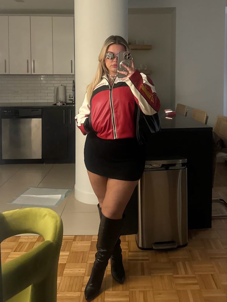 20 Plus-Size Winter Club Outfits That Bring the Heat (Even on the Coldest Nights!) - 20. Sporty Red Jacket With a Club-Ready Mini 1