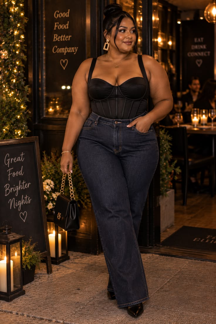 20 Plus-Size Winter Club Outfits That Bring the Heat (Even on the Coldest Nights!) - 3. Corset and Wide-Leg Denim for a Candlelit Night Out 1