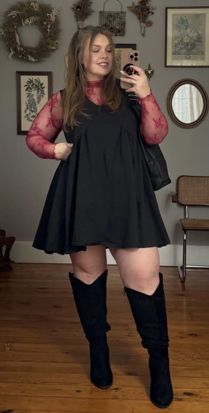 20 Plus-Size Winter Club Outfits That Bring the Heat (Even on the Coldest Nights!) - 4. The Babydoll Dress With Red Lace Sleeves 1