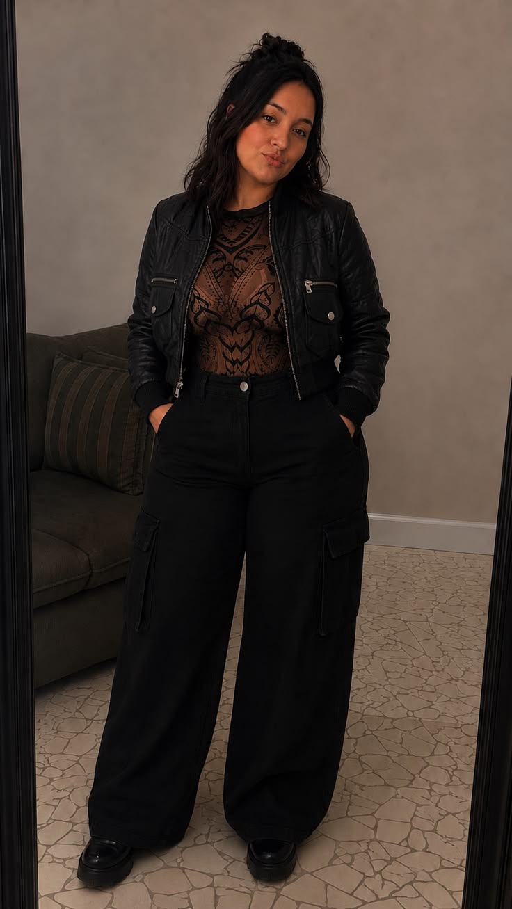 20 Plus-Size Winter Club Outfits That Bring the Heat (Even on the Coldest Nights!) - 5. Leather Jacket, Sheer Pattern, and Cargo Drama 1