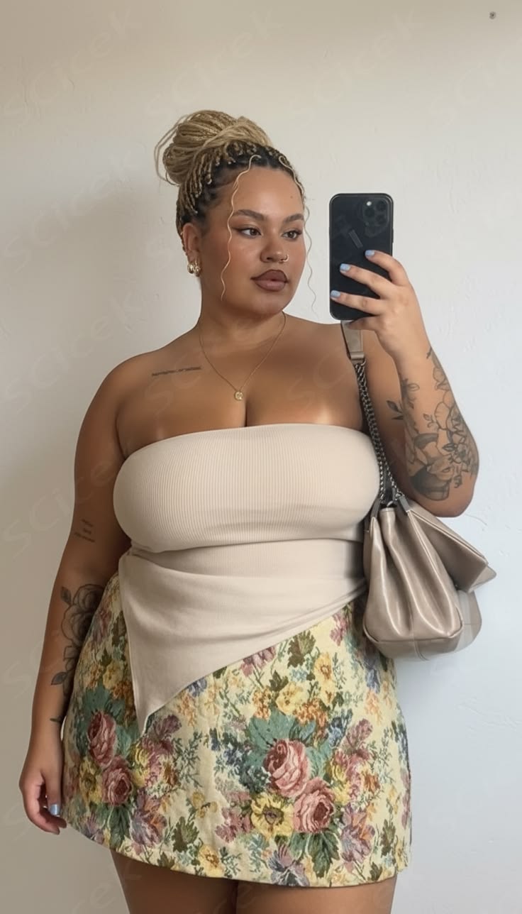 20 Plus-Size Winter Club Outfits That Bring the Heat (Even on the Coldest Nights!) - 6. Cream Bandeau and a Floral Winter Mini 1