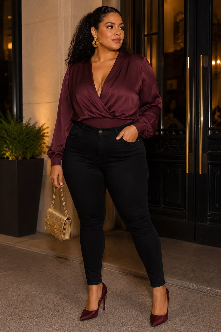 20 Plus-Size Winter Club Outfits That Bring the Heat (Even on the Coldest Nights!) - 9. Burgundy Satin With Classic Black Jeans 1