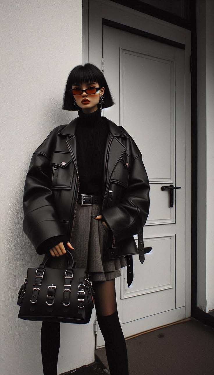 20 Punk Outfits So Edgy They’ll Make Every Sidewalk Your Runway - 16. Oversized Leather Jacket, Turtleneck, and Mini 1