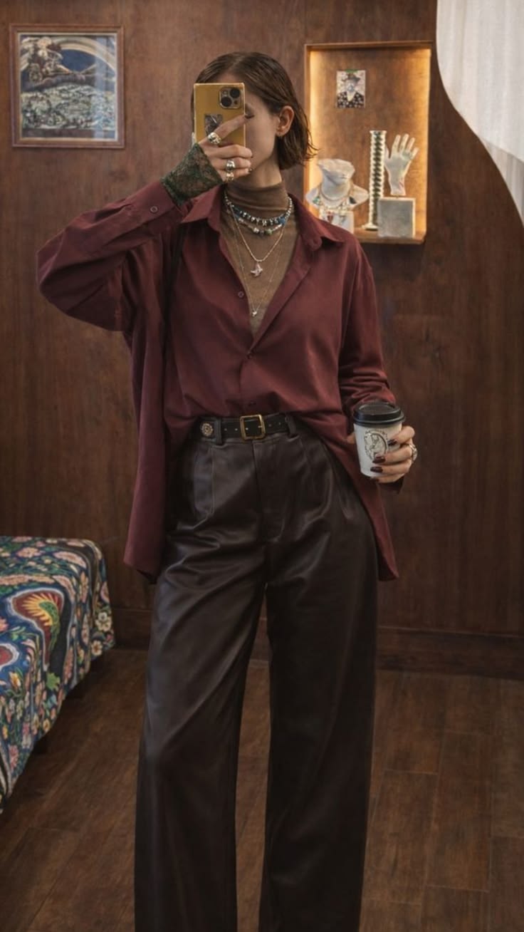 20 Punk Outfits So Edgy They’ll Make Every Sidewalk Your Runway - 17. Burgundy Shirt and Leather Trousers 1