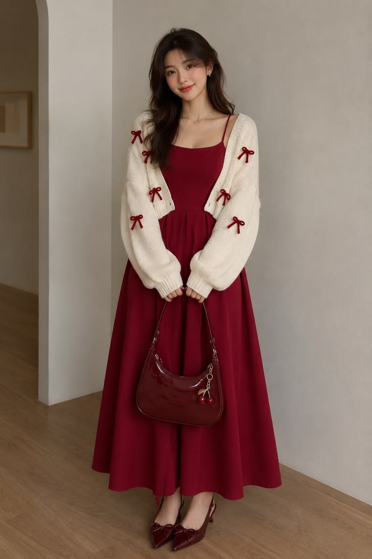 20 Red Dress Outfits for Christmas Parties That’ll Make You the Best-Dressed Guest - 2. Burgundy and Cream for a Cozy Christmas Dinner 1