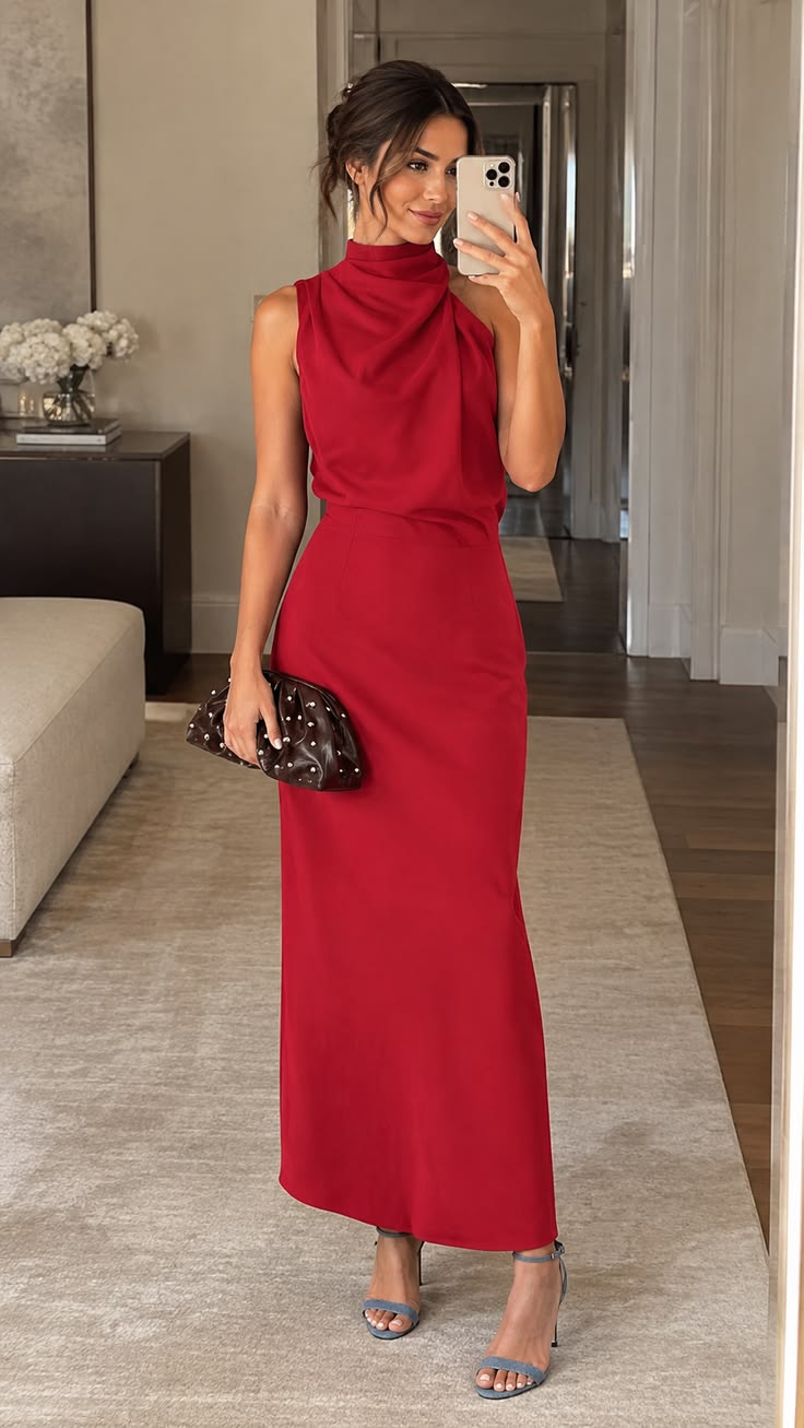 20 Red Dress Outfits for Christmas Parties That’ll Make You the Best-Dressed Guest - 4. The Draped-Neck Column Dress 1