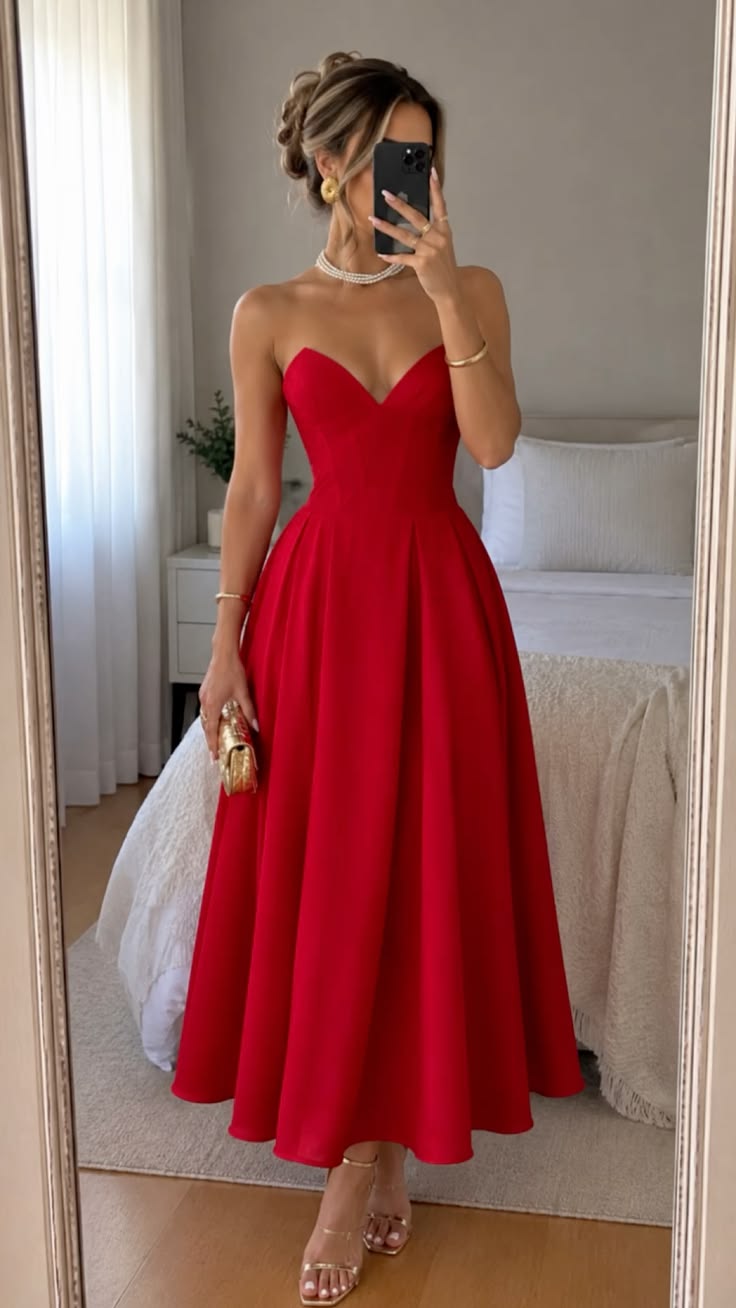 20 Red Dress Outfits for Christmas Parties That’ll Make You the Best-Dressed Guest - 7. The Strapless Satin Ball Gown 1