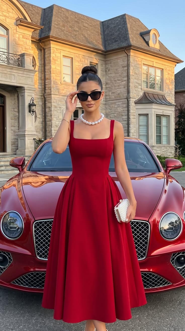 20 Red Dress Outfits for Christmas Parties That’ll Make You the Best-Dressed Guest - 8. The Pearl-Trimmed Square-Neck Dress 1