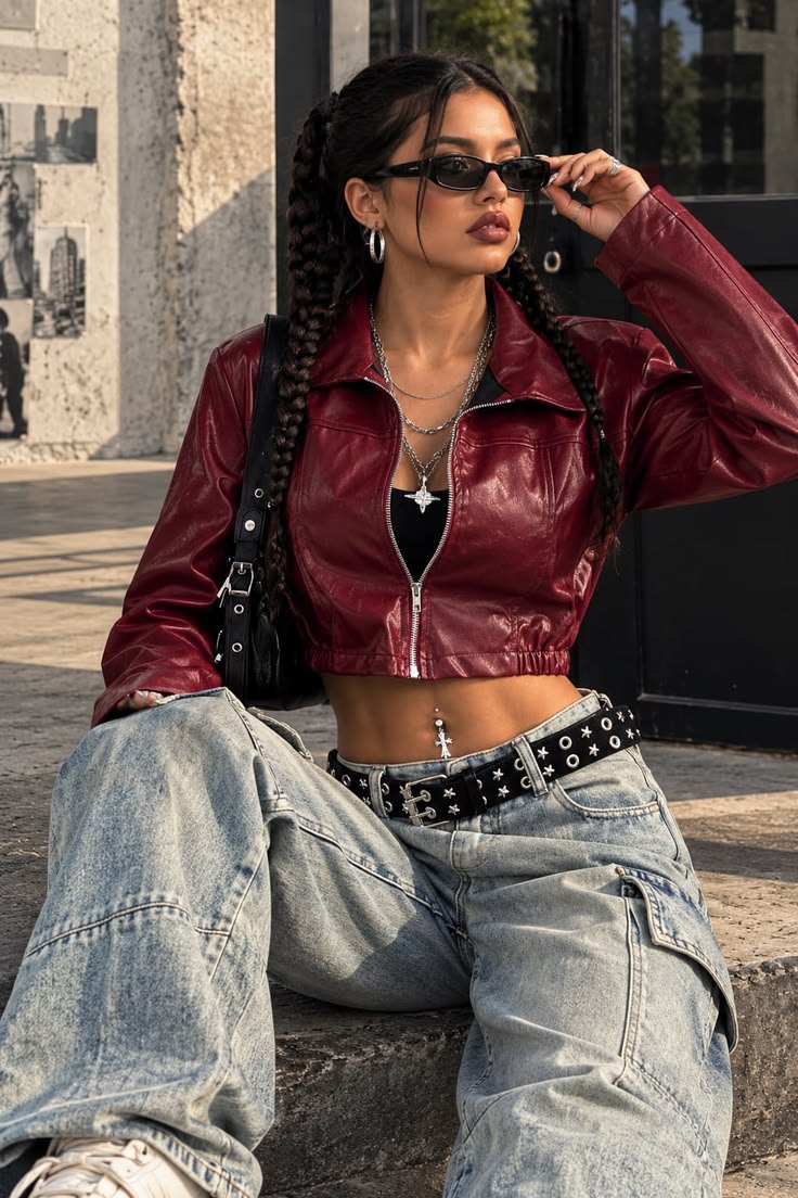20 Red Leather Jacket Baddie Outfits That Bring Instant Main-Character Energy - 01. Burgundy Crop Jacket with Slouchy Denim 1