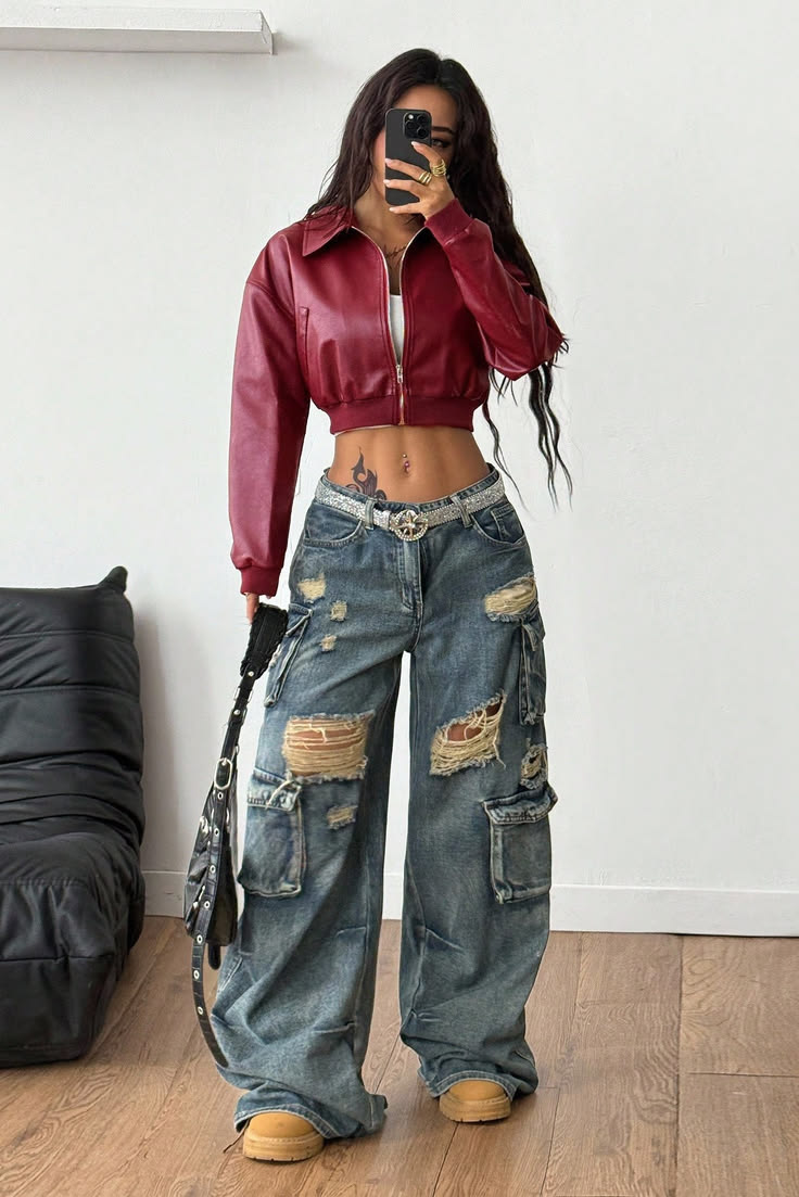 20 Red Leather Jacket Baddie Outfits That Bring Instant Main-Character Energy - 07. Distressed Denim Meets Glossy Red Leather 1