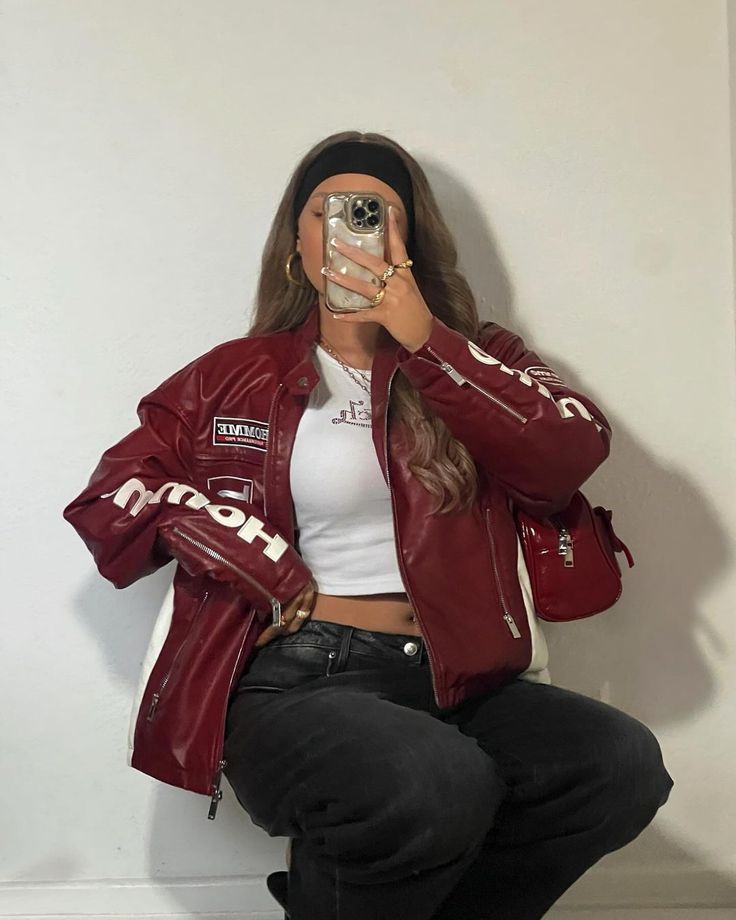 20 Red Leather Jacket Baddie Outfits That Bring Instant Main-Character Energy - 08. Logo Jacket with a Clean White Base 1