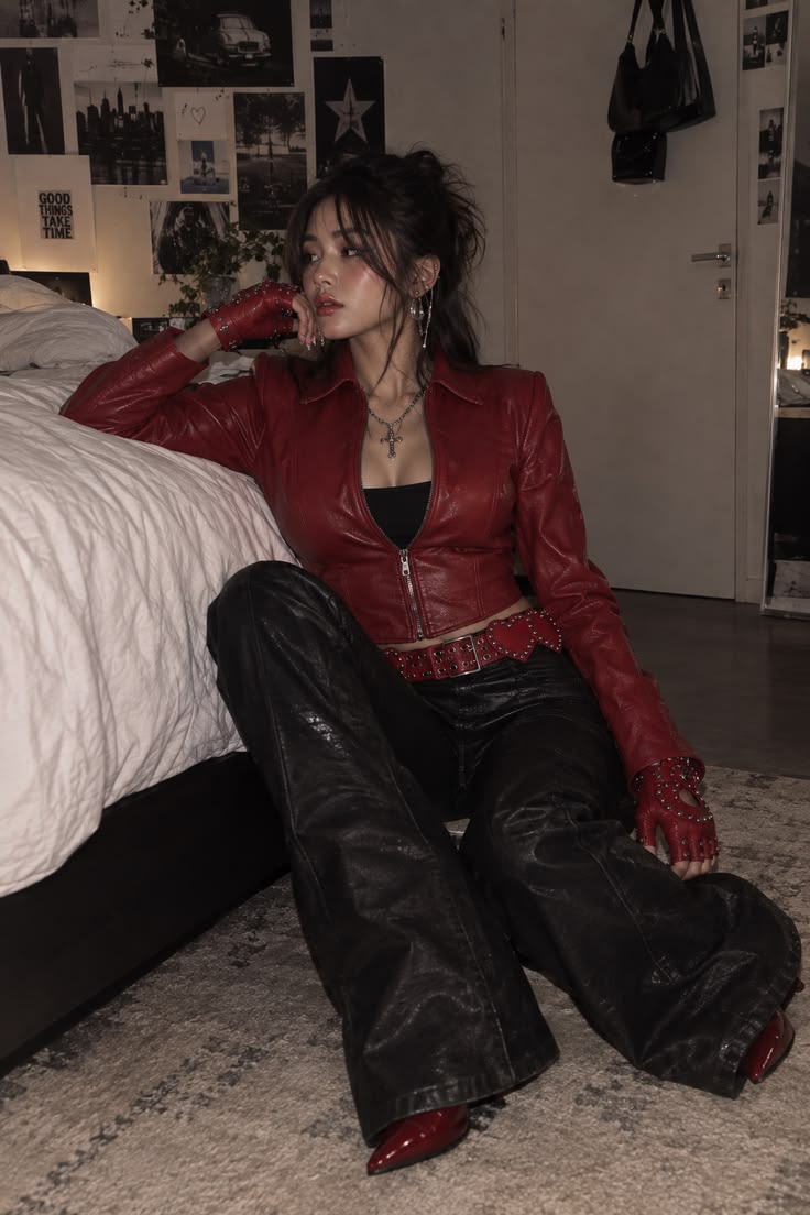 20 Red Leather Jacket Baddie Outfits That Bring Instant Main-Character Energy - 12. Bedroom Rockstar in Red and Black Leather 1