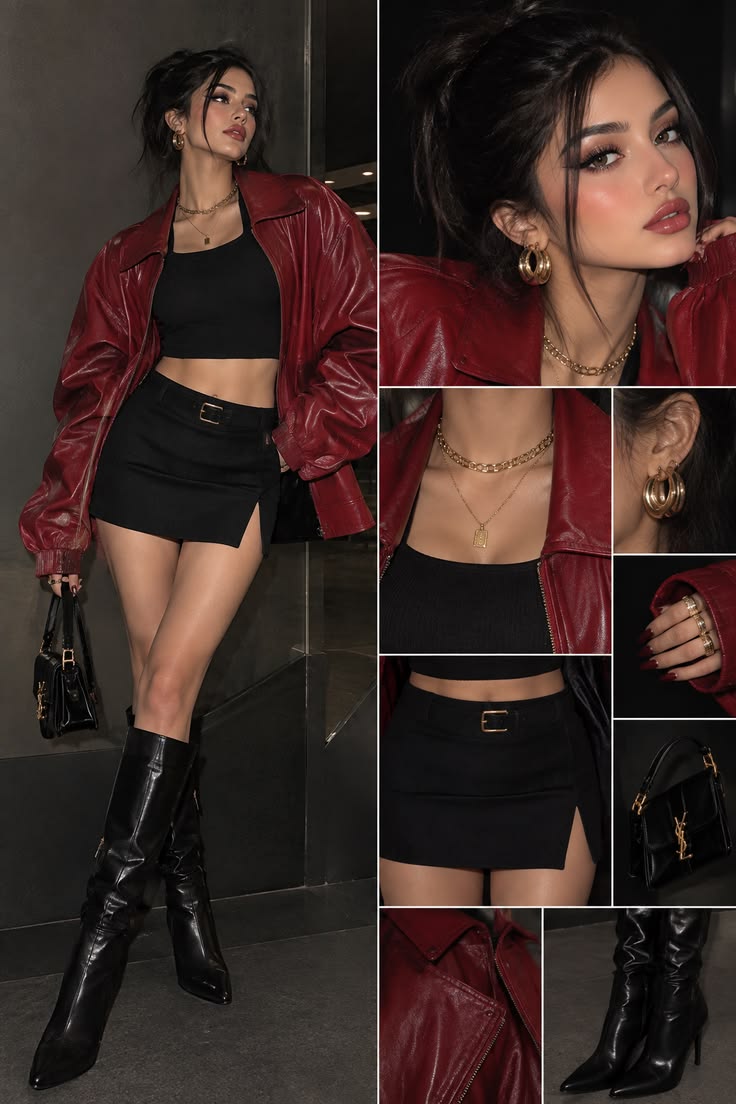 20 Red Leather Jacket Baddie Outfits That Bring Instant Main-Character Energy - 16. The Full Detail Board: Black Mini and Tall Boots 1