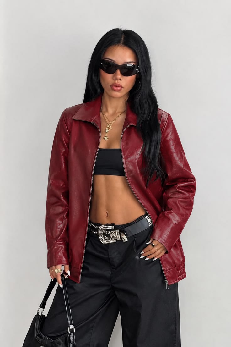 20 Red Leather Jacket Baddie Outfits That Bring Instant Main-Character Energy - 19. Burgundy Jacket with Black Cargo Trousers 1