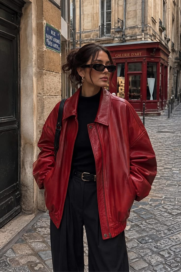 20 Red Leather Jacket Outfits That Will Make Your Street Style Impossible to Ignore - 13. Oversized Red Bomber in Paris Black 1