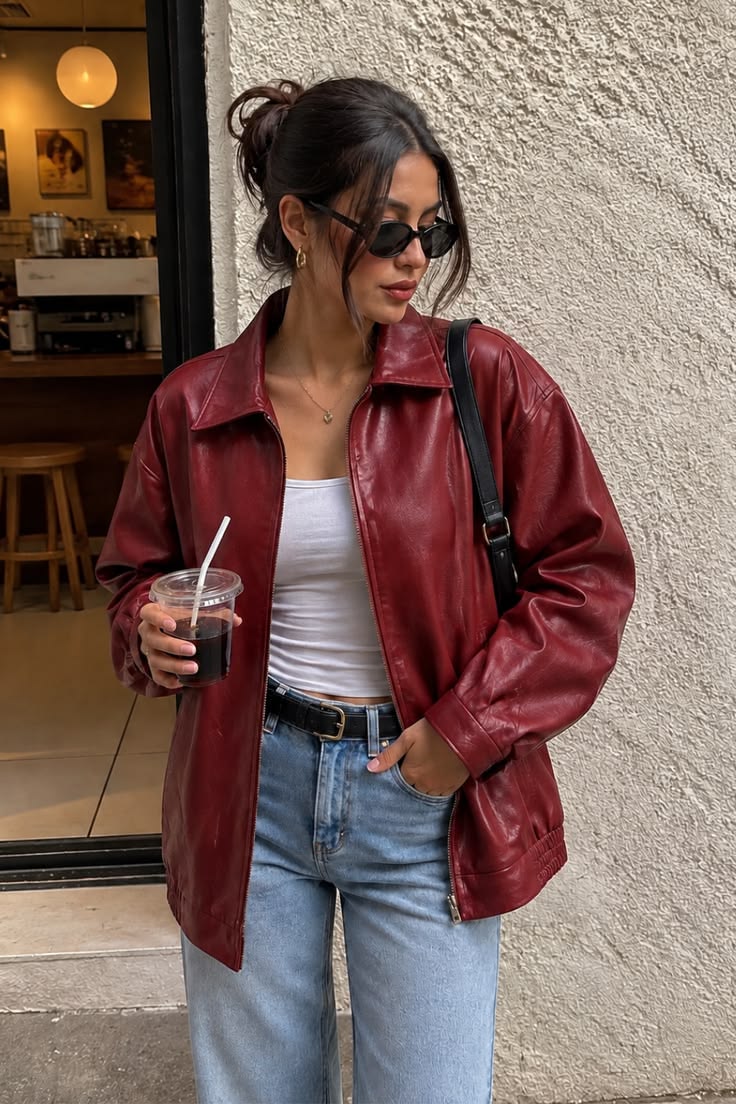 20 Red Leather Jacket Outfits That Will Make Your Street Style Impossible to Ignore - 16. Coffee-Run Burgundy with Light Denim 1