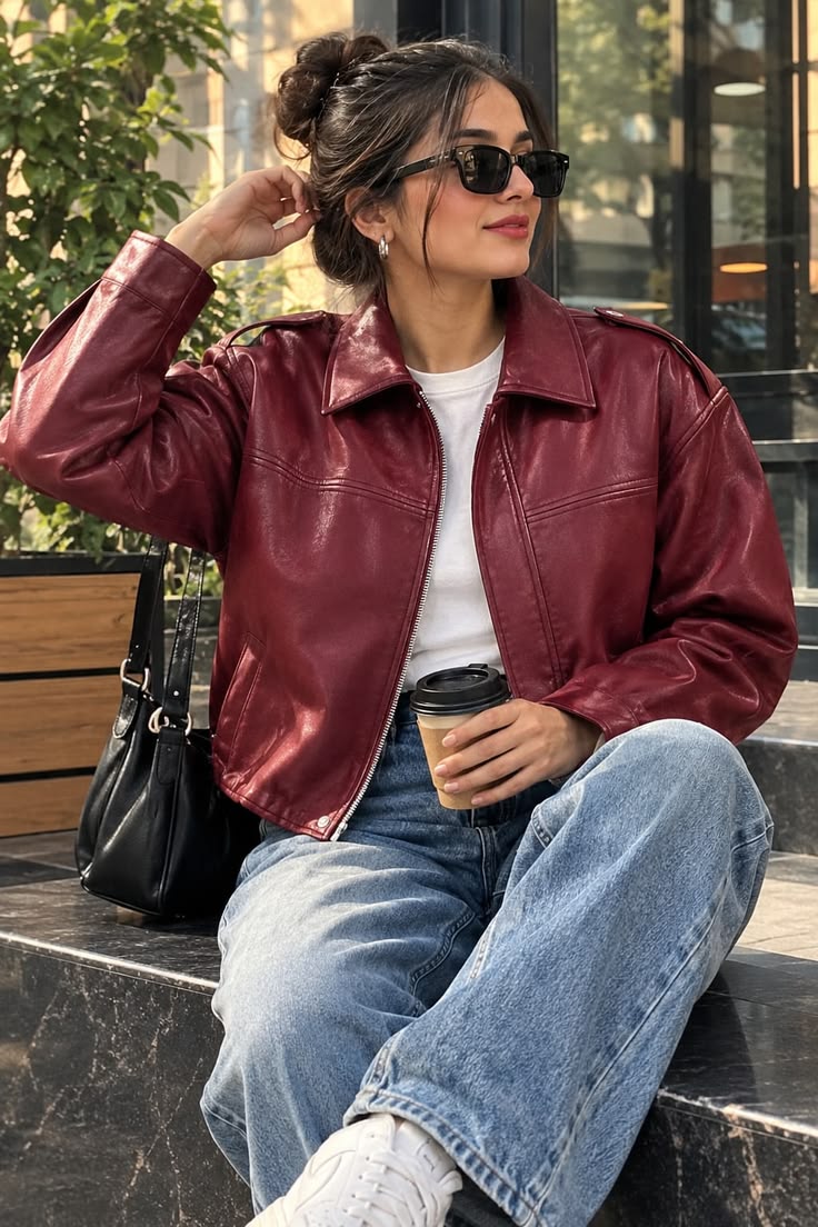 20 Red Leather Jacket Outfits That Will Make Your Street Style Impossible to Ignore - 19. Seated Coffee Date in Burgundy and Pale Denim 1