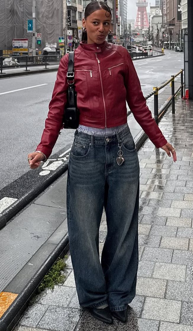 20 Red Leather Jacket Outfits That Will Make Your Street Style Impossible to Ignore - 3. Burgundy Jacket with Baggy City Denim 1