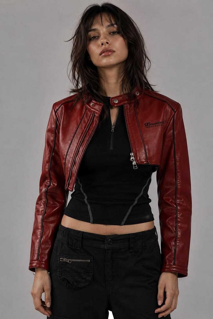 20 Red Leather Jacket Outfits That Will Make Your Street Style Impossible to Ignore - 5. Cropped Racing Jacket and Wide Cargo Denim 1