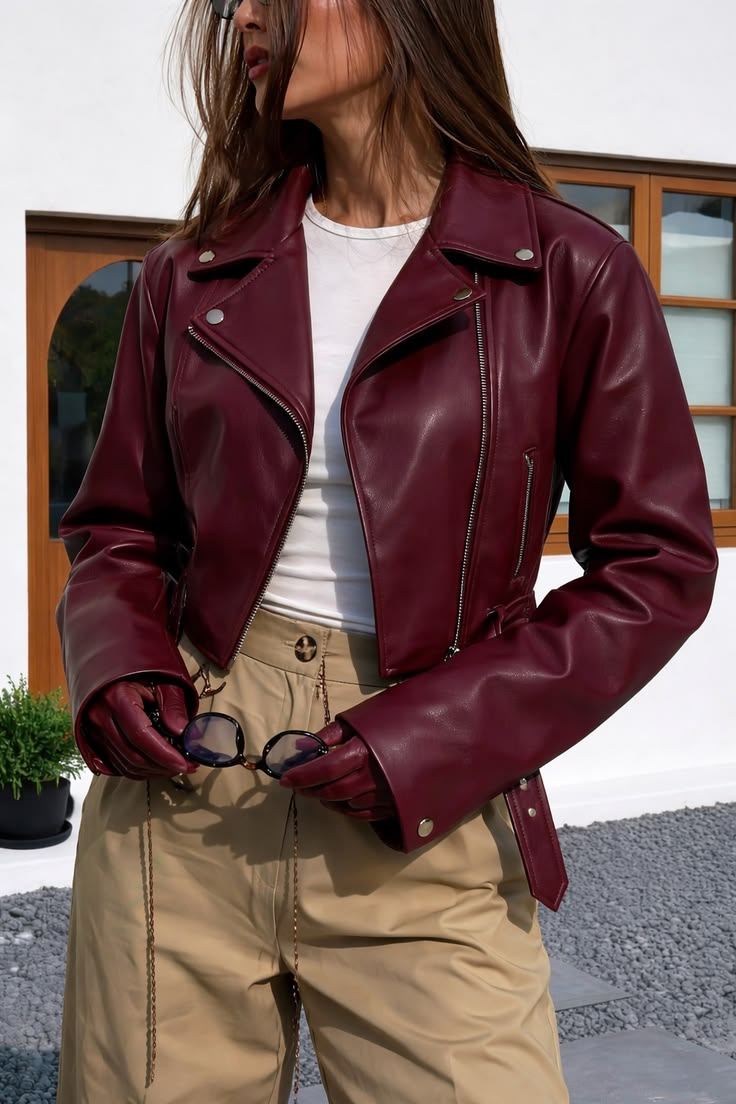 20 Red Leather Jacket Outfits That Will Make Your Street Style Impossible to Ignore - 6. Wine Leather with Soft Khaki Trousers 1