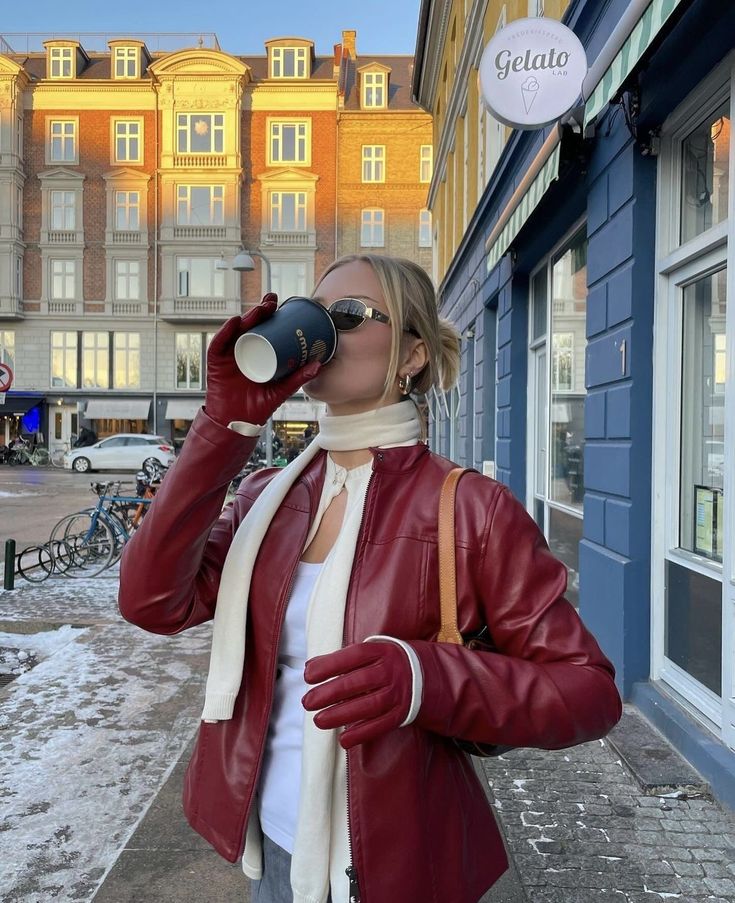 20 Red Leather Jacket Outfits That Will Make Your Street Style Impossible to Ignore - 7. Winter White Scarf, Burgundy Jacket 1