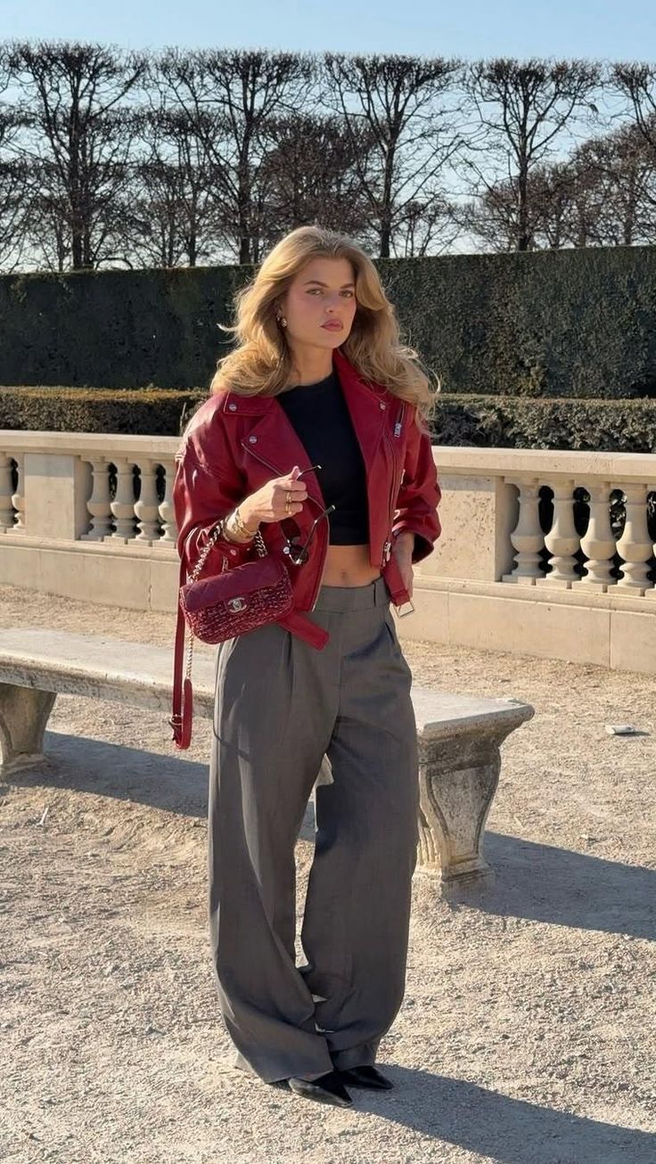 20 Red Leather Jacket Outfits That Will Make Your Street Style Impossible to Ignore - 8. The Crop Top and Tailored Gray Trouser Mix 1