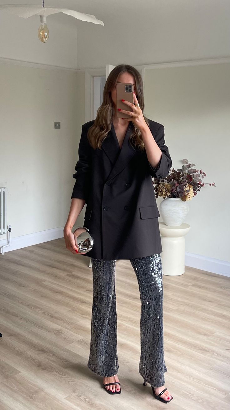 20 Sequin Trouser Outfits That Guarantee a Show-Stopping Christmas Entrance - 11. Tailored Black Blazer with Cropped Silver Trousers 1