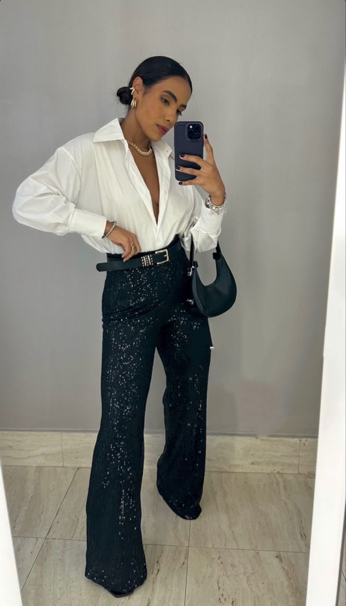20 Sequin Trouser Outfits That Guarantee a Show-Stopping Christmas Entrance - 15. Black Sequins and a Crisp White Shirt 1