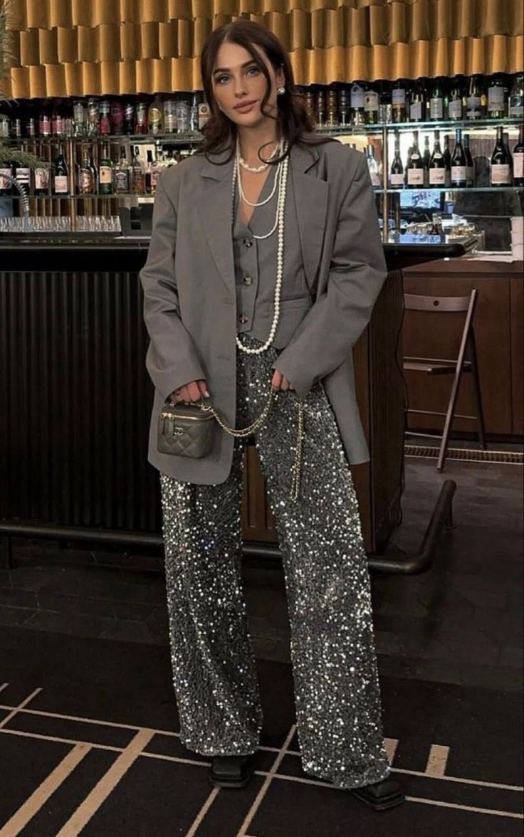 20 Sequin Trouser Outfits That Guarantee a Show-Stopping Christmas Entrance - 2. Silver Sequins Meet a Relaxed Gray Blazer 1