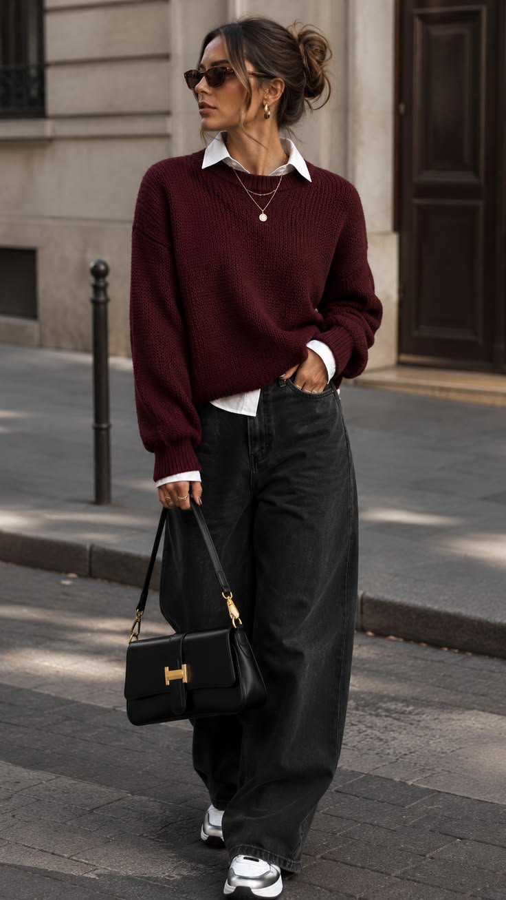 20 Street-Style Outfits That Look Like They Belong in a Music Video - 19. Burgundy Knit and Black Denim 1