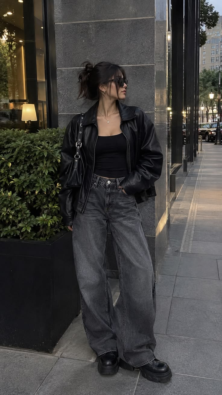 20 Street-Style Outfits That Look Like They Belong in a Music Video - 2. Black Leather and Wide-Leg Denim 1