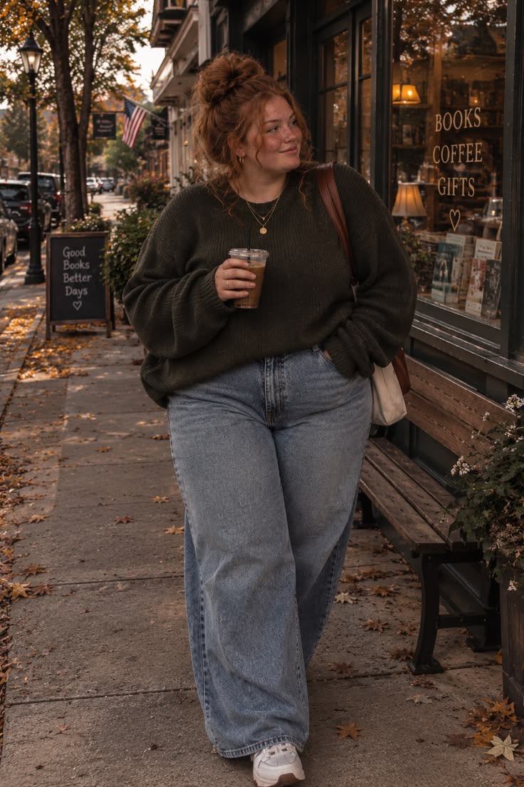 20 Stylish Big Stomach Outfits That Prove Comfort and Fashion Can Go Hand in Hand - 10. Oversized Charcoal Knit with Classic Wide-Leg Jeans 1