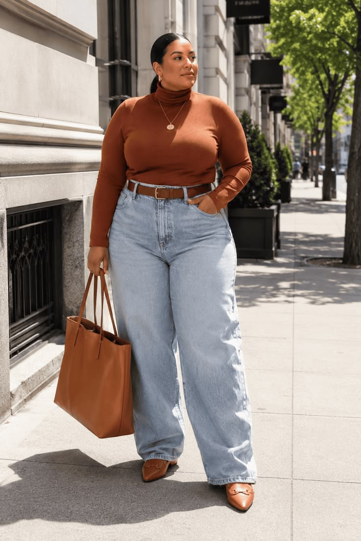 20 Stylish Big Stomach Outfits That Prove Comfort and Fashion Can Go Hand in Hand - 11. Rust Turtleneck and Pale Denim with a Slim Belt 1