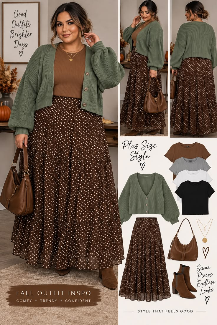 20 Stylish Big Stomach Outfits That Prove Comfort and Fashion Can Go Hand in Hand - 12. One Skirt, One Cardigan, and Several Fall Outfits 1