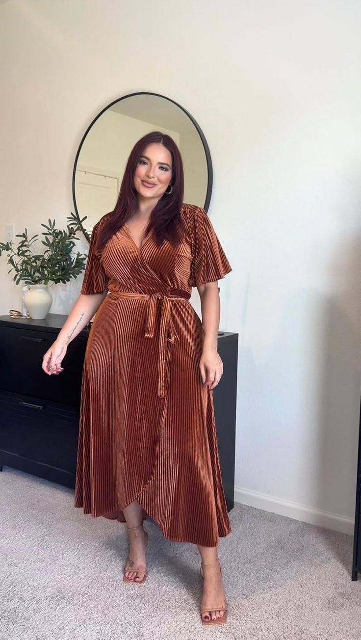 20 Stylish Big Stomach Outfits That Prove Comfort and Fashion Can Go Hand in Hand - 15. Copper Velvet Wrap Dress with an Easy Tie Waist 1