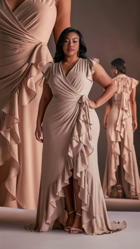 20 Stylish Big Stomach Outfits That Prove Comfort and Fashion Can Go Hand in Hand - 16. Champagne Ruffle Wrap Gown for a Dressy Moment 1