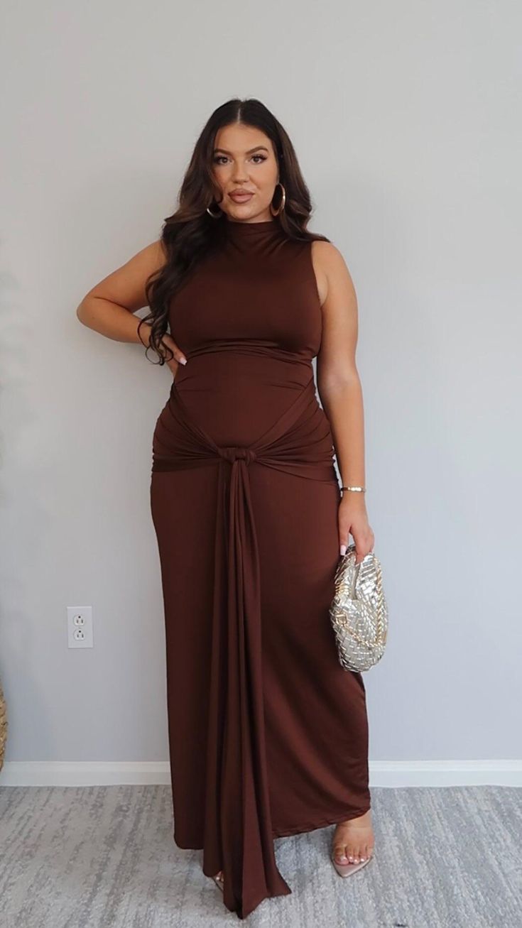 20 Stylish Big Stomach Outfits That Prove Comfort and Fashion Can Go Hand in Hand - 18. Chocolate Sleeveless Maxi with a Draped Front Tie 1