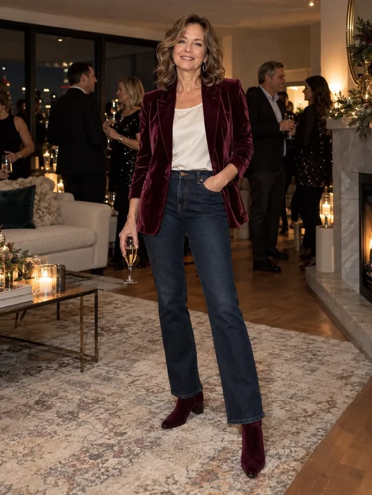 20 Velvet Blazer Outfits That Make Every Christmas Party Feel Like a VIP Event - 11. The Champagne Top and Wine Blazer Party Formula 1