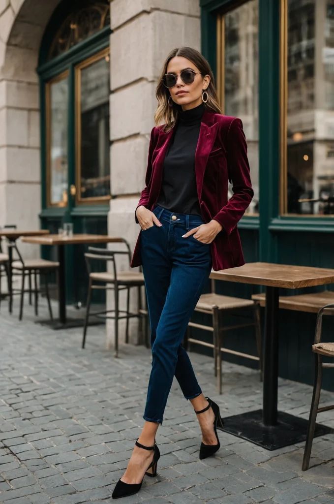 20 Velvet Blazer Outfits That Make Every Christmas Party Feel Like a VIP Event - 12. Burgundy Velvet over a Black Turtleneck 1