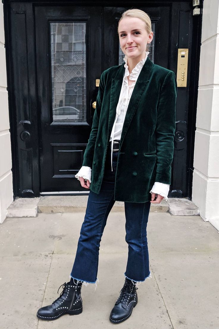20 Velvet Blazer Outfits That Make Every Christmas Party Feel Like a VIP Event - 13. Emerald Velvet with a Romantic Ruffled Blouse 1