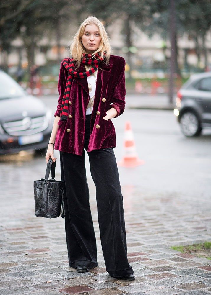 20 Velvet Blazer Outfits That Make Every Christmas Party Feel Like a VIP Event - 14. Wine Velvet and a Tartan Scarf for Winter Streets 1