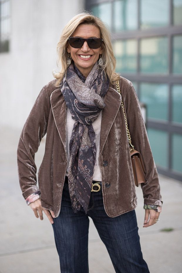 20 Velvet Blazer Outfits That Make Every Christmas Party Feel Like a VIP Event - 18. Taupe Velvet and a Patterned Scarf for a Softer Holiday Look 1