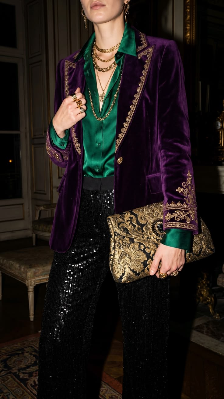 20 Velvet Blazer Outfits That Make Every Christmas Party Feel Like a VIP Event - 20. Purple Velvet, Emerald Satin, and Sequined Trousers 1
