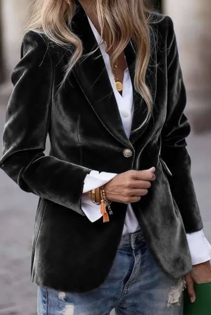 20 Velvet Blazer Outfits That Make Every Christmas Party Feel Like a VIP Event - 9. Black Velvet, White Cuffs, and Denim Ease 1