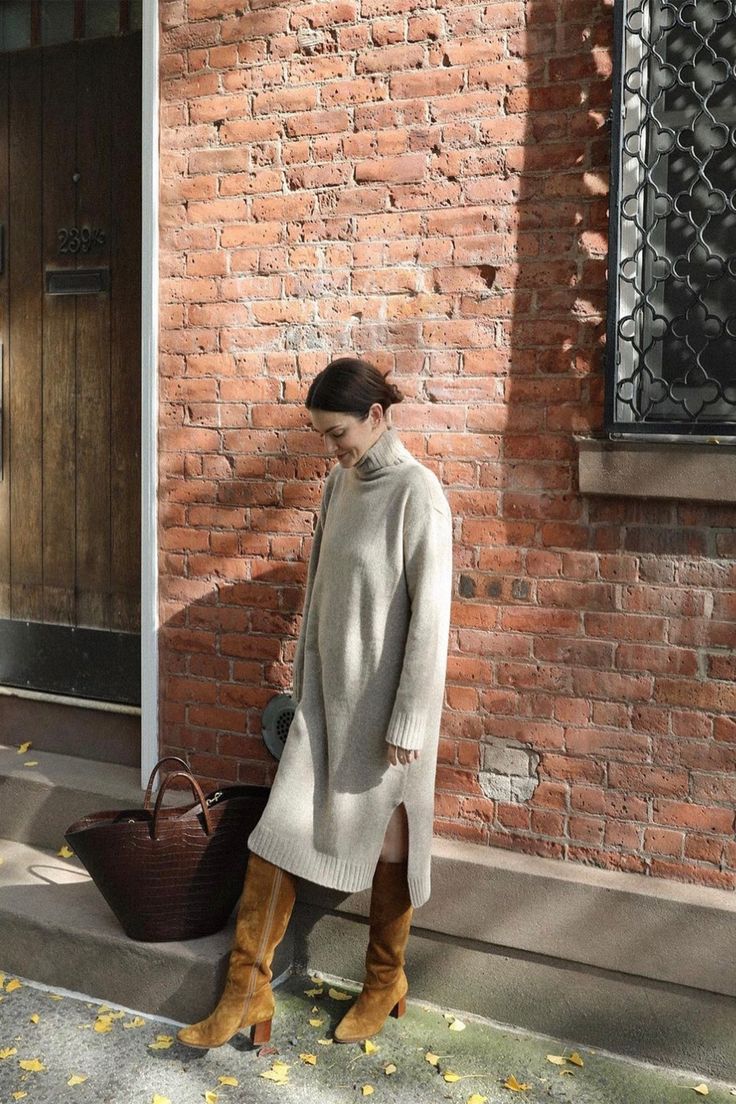 20 Woven Turtleneck Dress Layering Ideas to Copy with Boots - 10. Ivory Midi with Caramel Boots 1