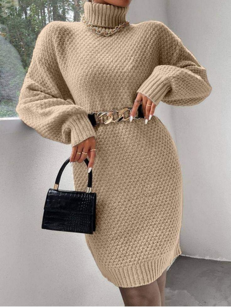 20 Woven Turtleneck Dress Layering Ideas to Copy with Boots - 11. Belted Honeycomb Knit with Black Accessories 1