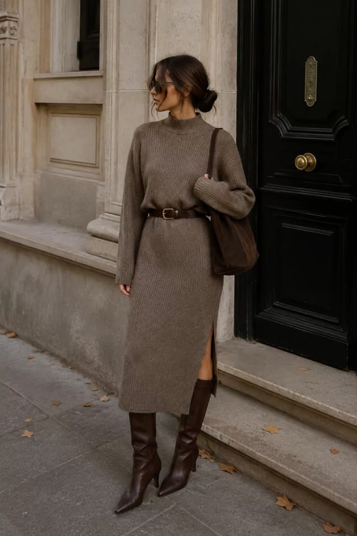 20 Woven Turtleneck Dress Layering Ideas to Copy with Boots - 15. Taupe Belted Midi with Pointed Brown Boots 1