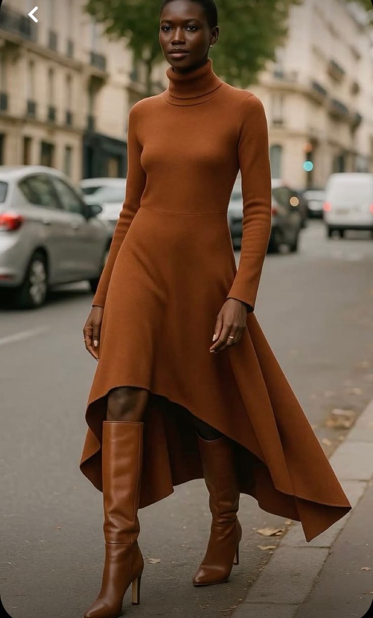 20 Woven Turtleneck Dress Layering Ideas to Copy with Boots - 17. Rust High-Low Knit with Tall Leather Boots 1