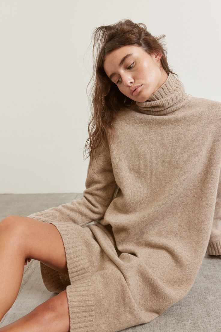 20 Woven Turtleneck Dress Layering Ideas to Copy with Boots - 2. Soft Beige for a Quiet Weekend Look 1